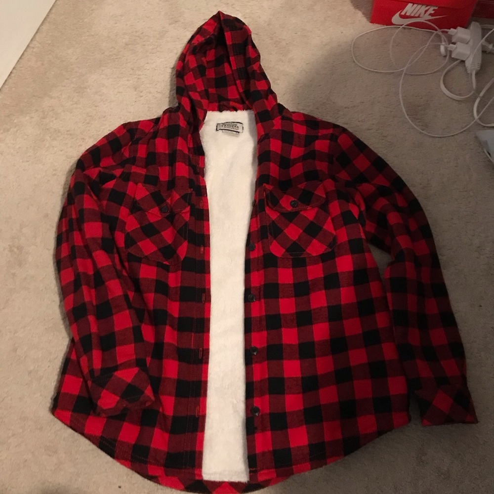 Red and Black Plaid Button Up Hoodie